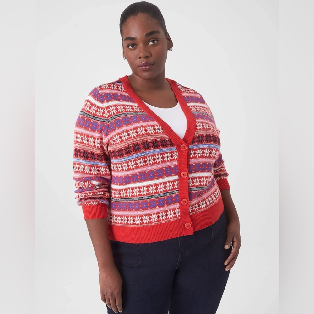 Lane Bryant Women 18/20 Red Fair Isle Holiday Christmas Classic Cardigan